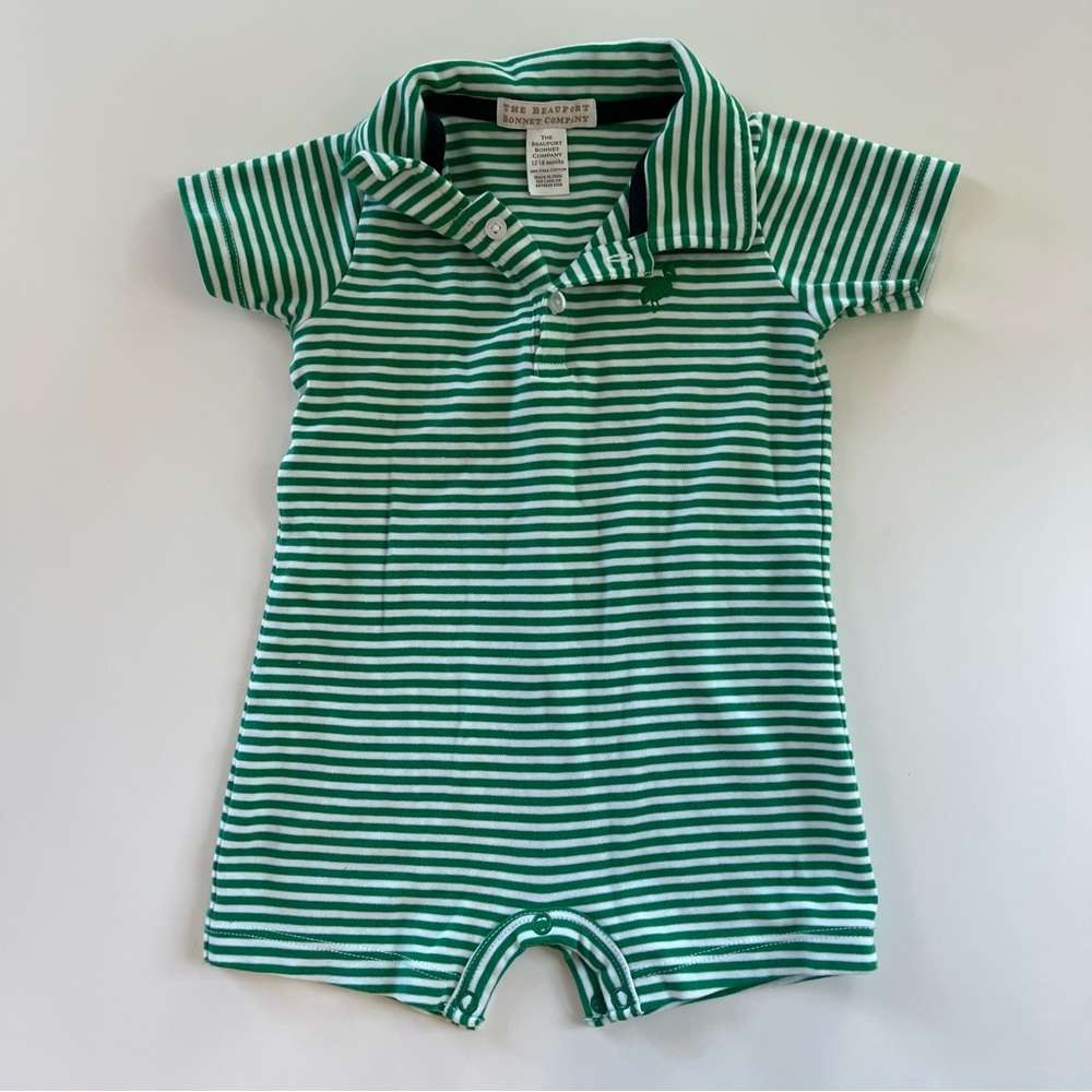 TBBC- Sir Proper's Romper Green Striped 12-18M EUC
